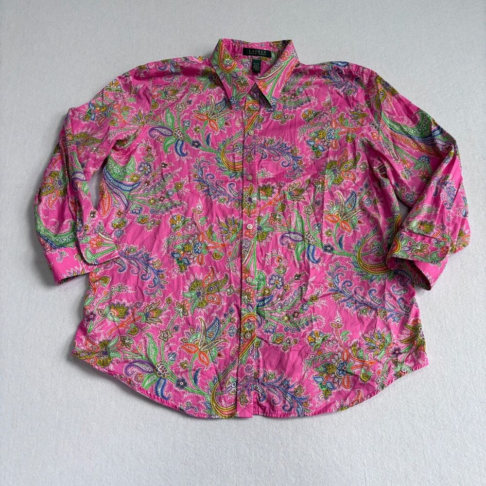 Ralph Lauren Paisley Button Shirt Blouse Women XL Pink 3/4 Sleeve w/Scarf Preppy - Picture 3 of 7
